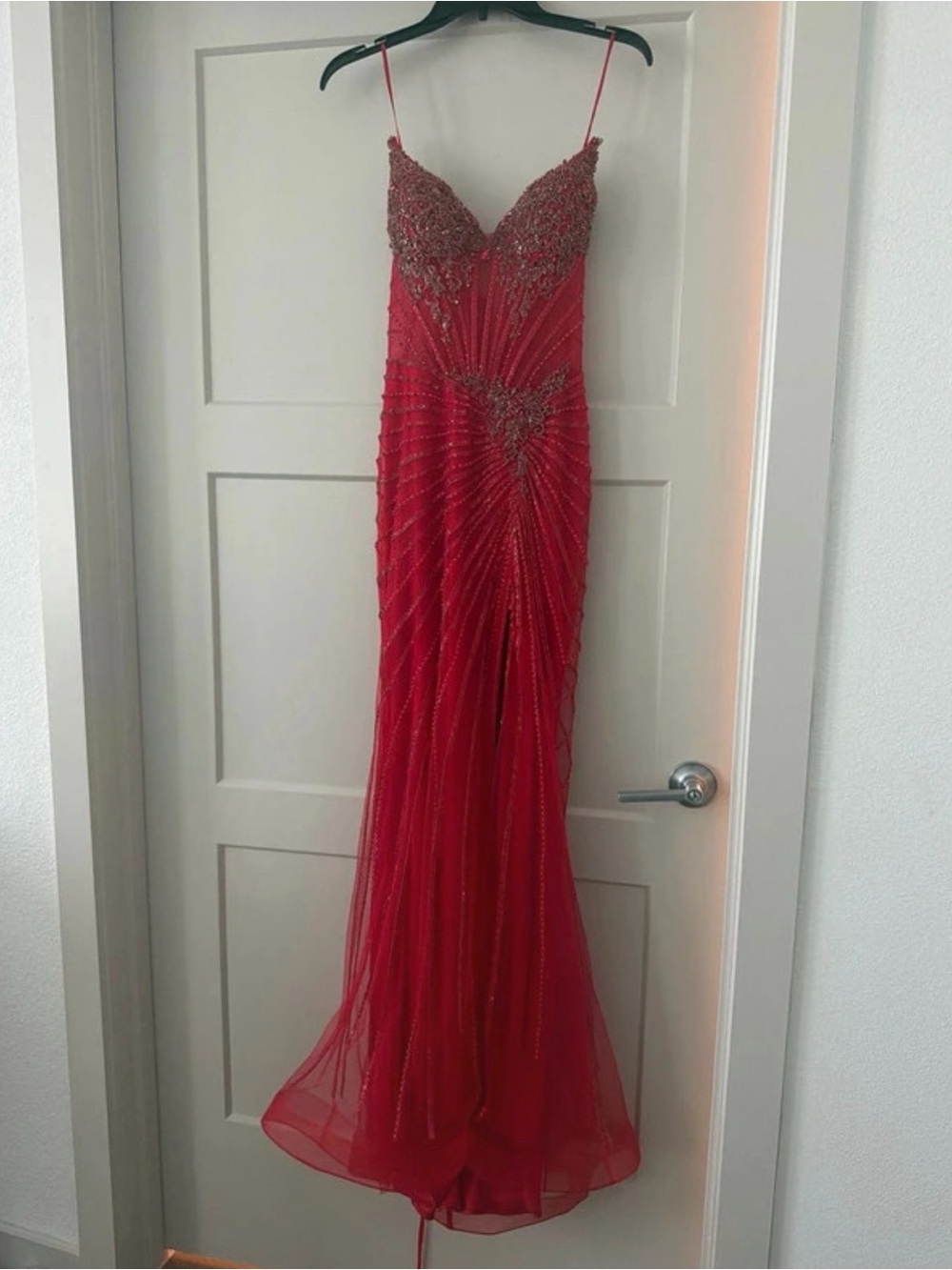 Red Beaded Strapless Evening Gown